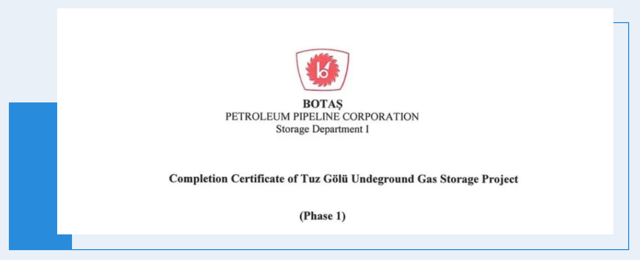 天辰公司土耳其盐湖地下天然气储库项目喜获完工证明（一期）